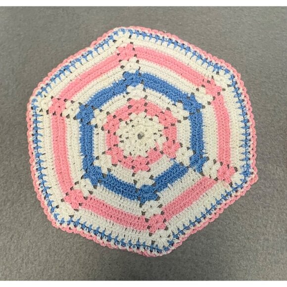 Handmade Crochet Doilies Set of 2 Rainbow Hexagon Pink Blue White 7" Diameter - Picture 2 of 8